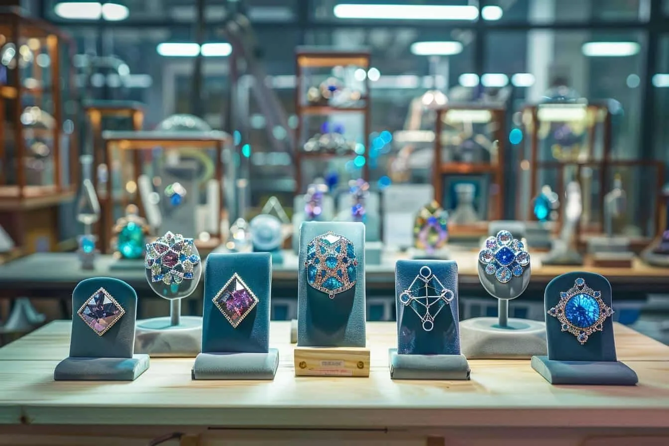 Créatrice préparant une collection de bijoux inspirés de la physique quantique, avec croquis, pendentifs géométriques et pierres sur une table d’atelier.