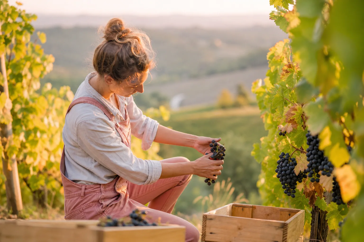 Bouteille de vin biodynamique posée dans un vignoble, avec carnet de projet et grappes de raisin à proximité.