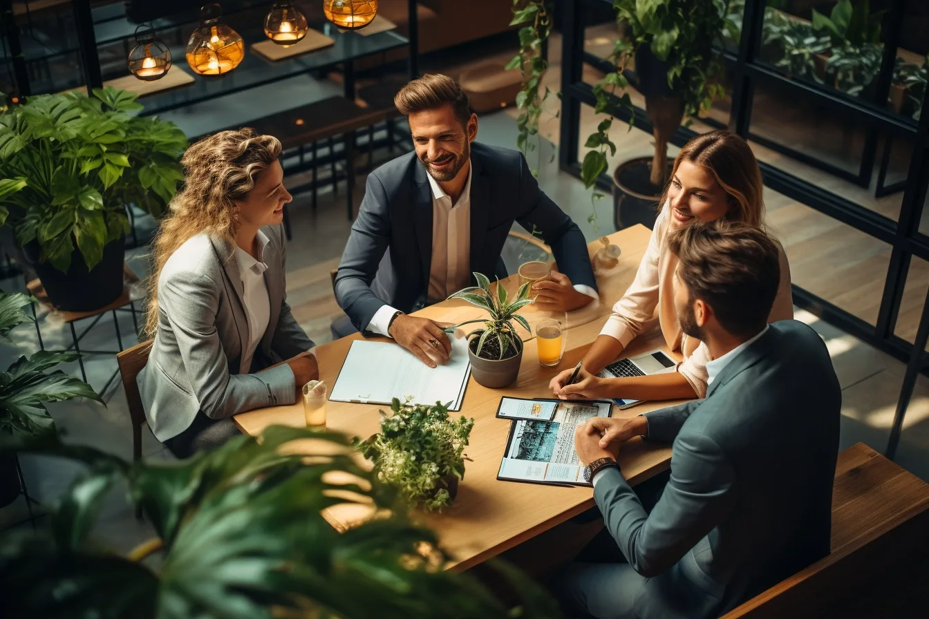 Équipe diversifiée réunie autour d’une grande table dans un espace de coworking lumineux et végétalisé.