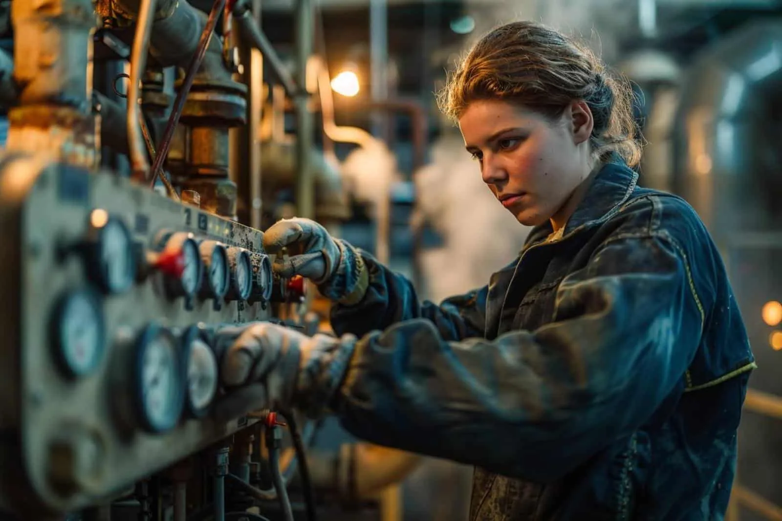 Technicienne observant des équipements de chauffage et des conduites dans un atelier industriel moderne.