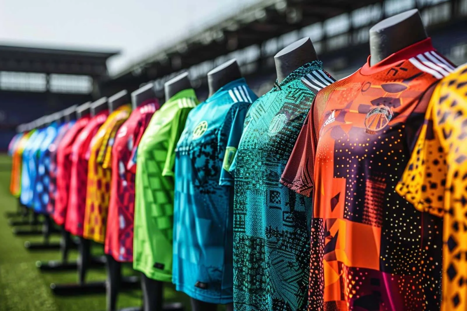 Détail de plusieurs maillots de football contemporains aux motifs graphiques et couleurs variées, suspendus sur un portant.