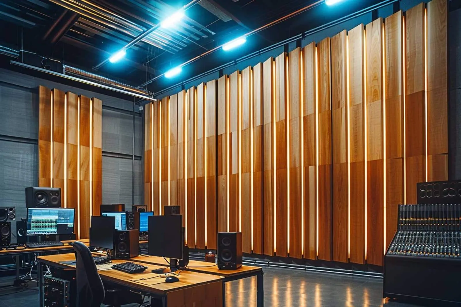 Panneau acoustique mural composé de lattes de bois posées sur un feutre noir absorbant dans un intérieur contemporain.