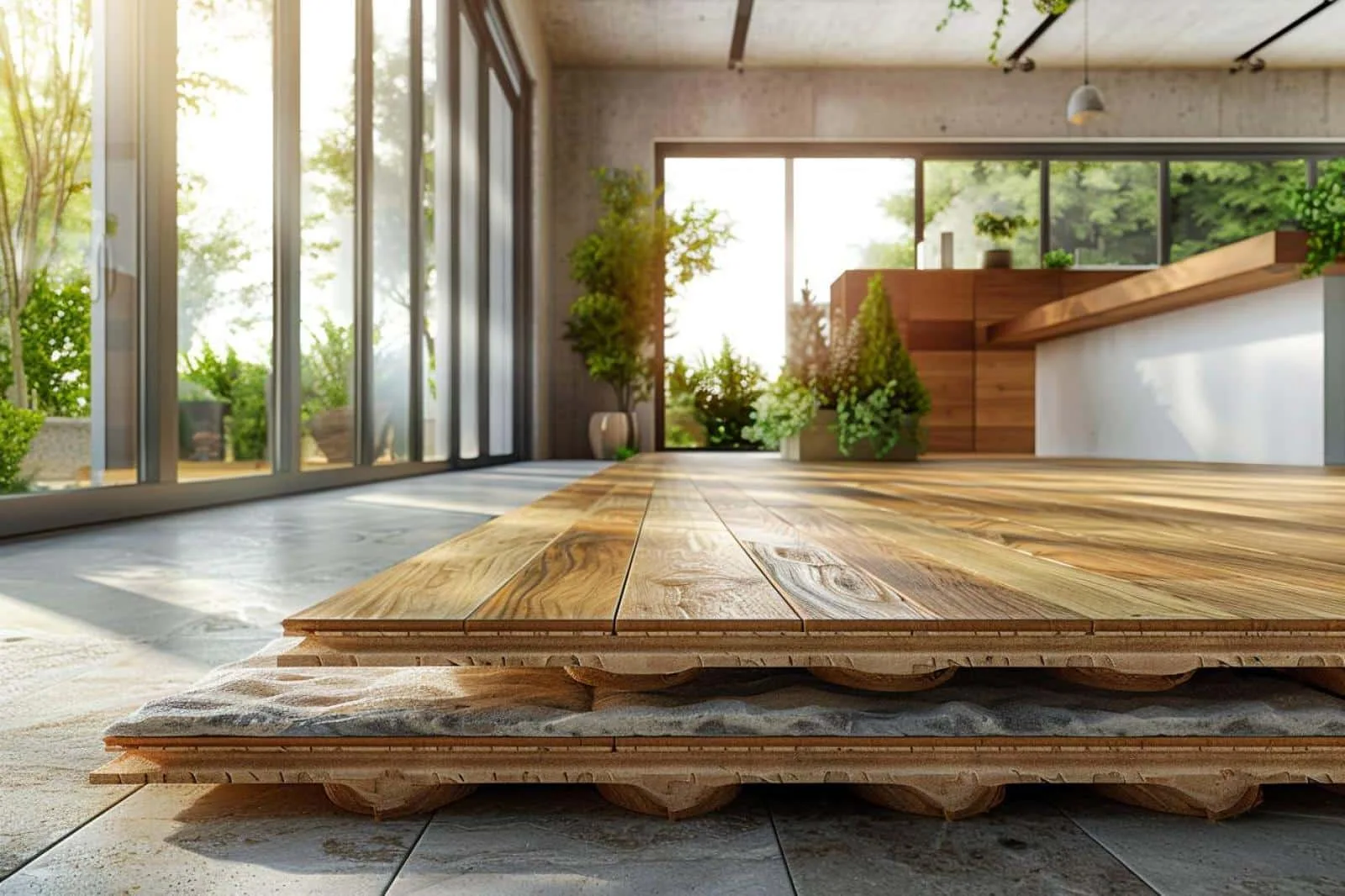 Coupe d’un plancher d’ingénierie avec structure, isolant, membrane d’étanchéité et revêtement de sol.