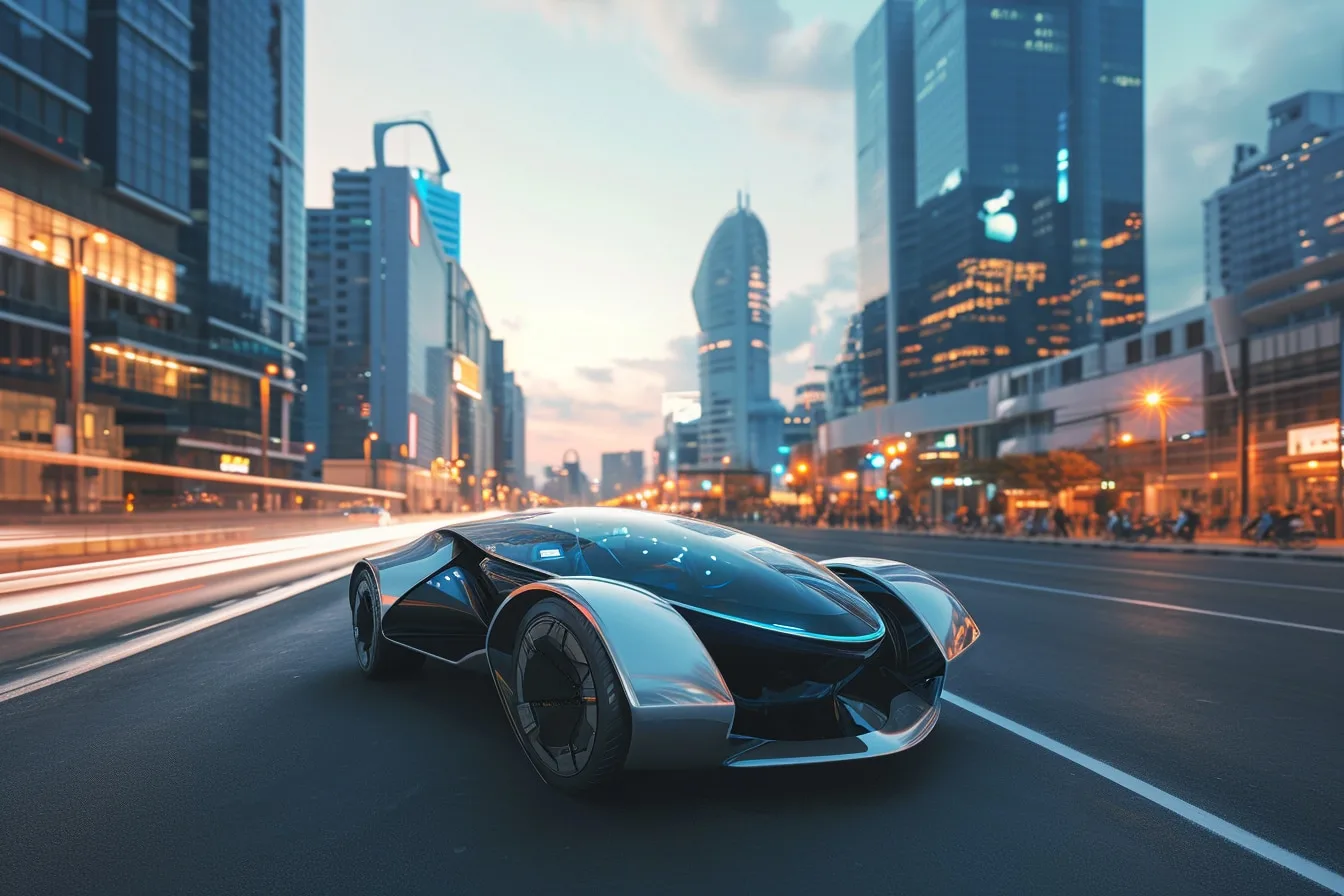 Navette autonome électrique circulant dans une rue urbaine moderne, avec piétons, pistes cyclables et immeubles en arrière-plan.