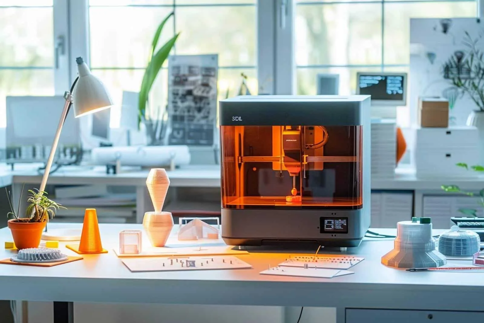 Prototype de produit imprimé en 3D et ordinateur affichant un modèle de conception en ligne.