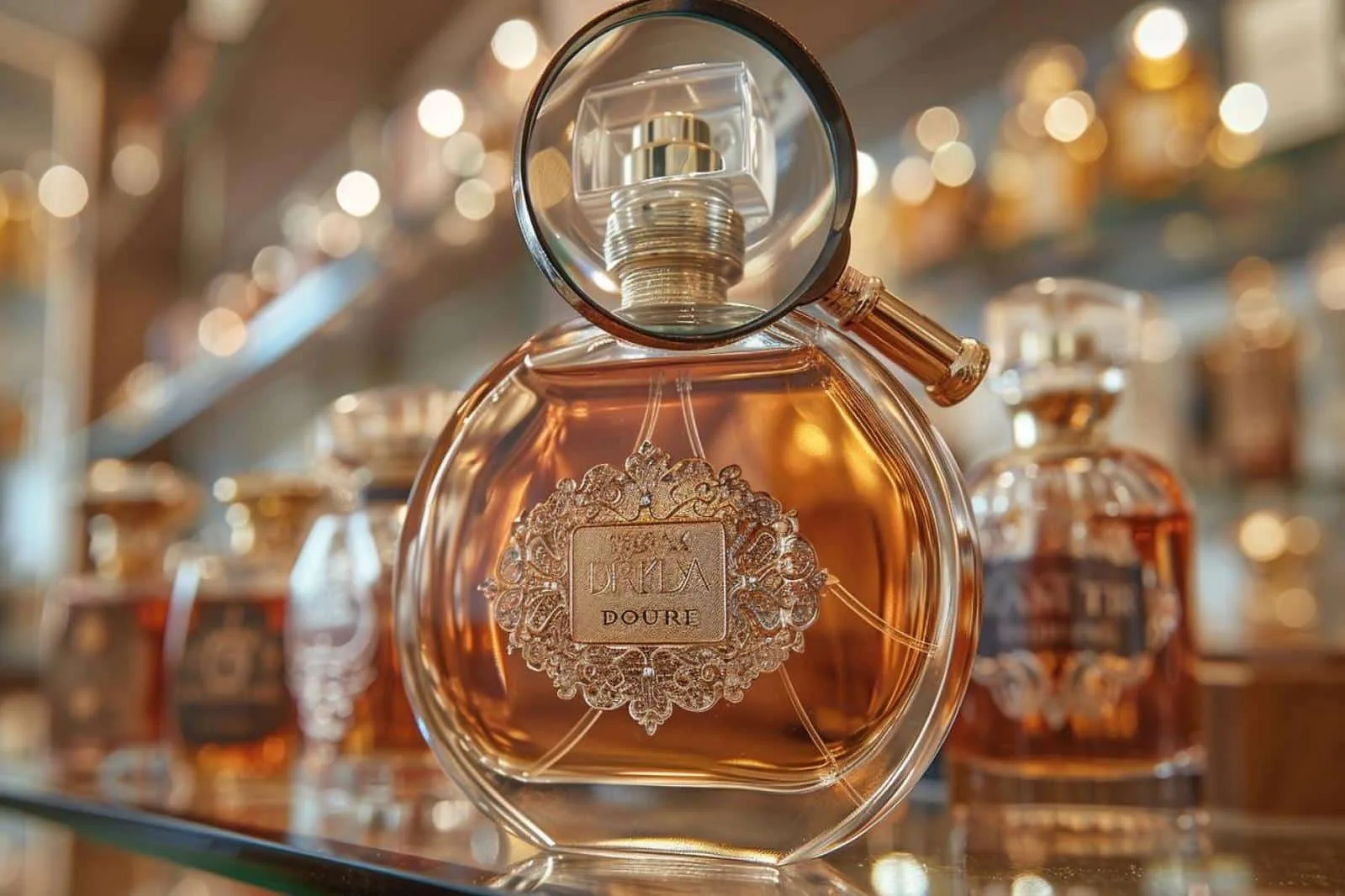 Flacon de parfum inspiré posé près de sa boîte, avec une étiquette d’ingrédients lisible au dos.