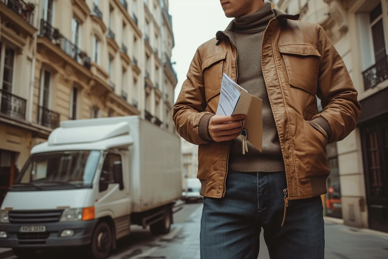 Camion de déménagement stationné dans une rue parisienne, prêt à être chargé avec des cartons et des meubles.