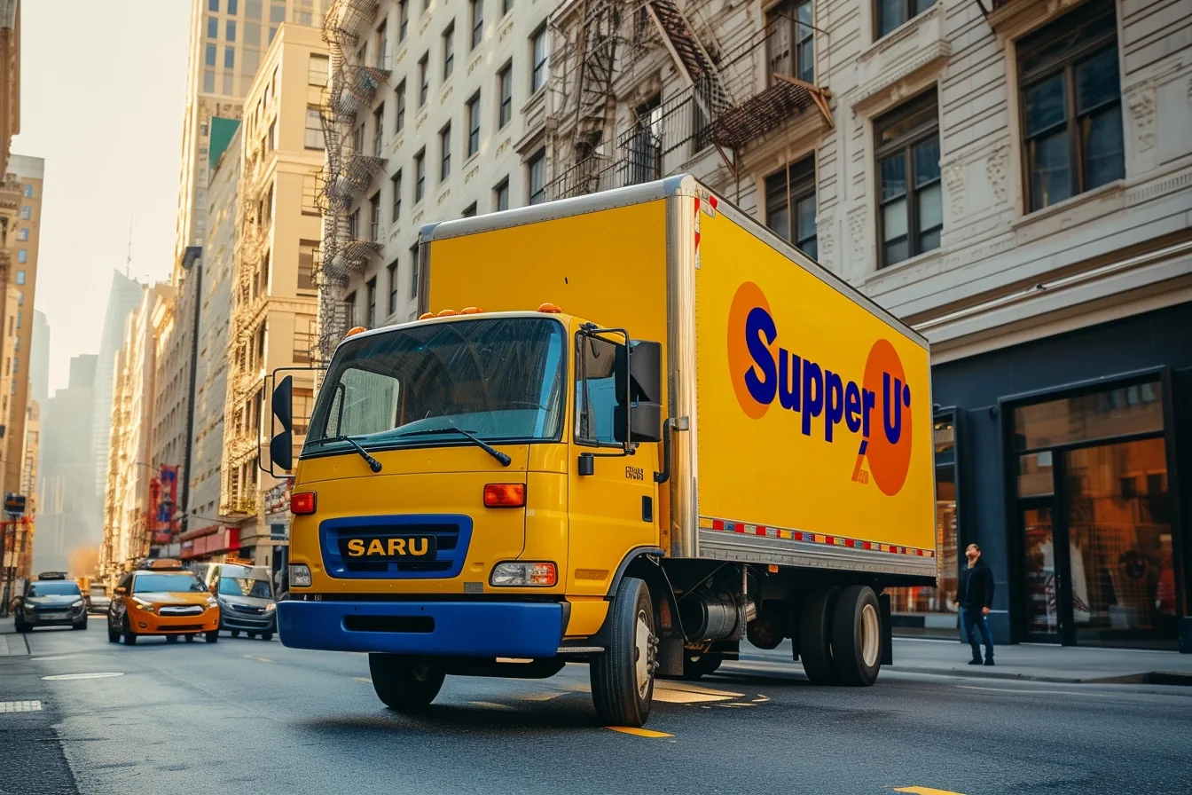 Camion utilitaire de déménagement stationné devant un immeuble avec des cartons prêts à être chargés.