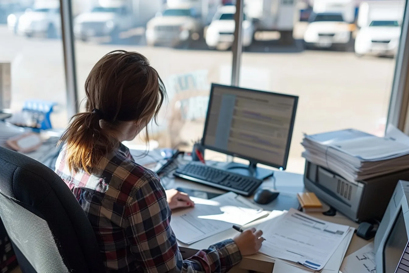 Une femme inspecte un camion de location utilitaire avant un déménagement à la journée.