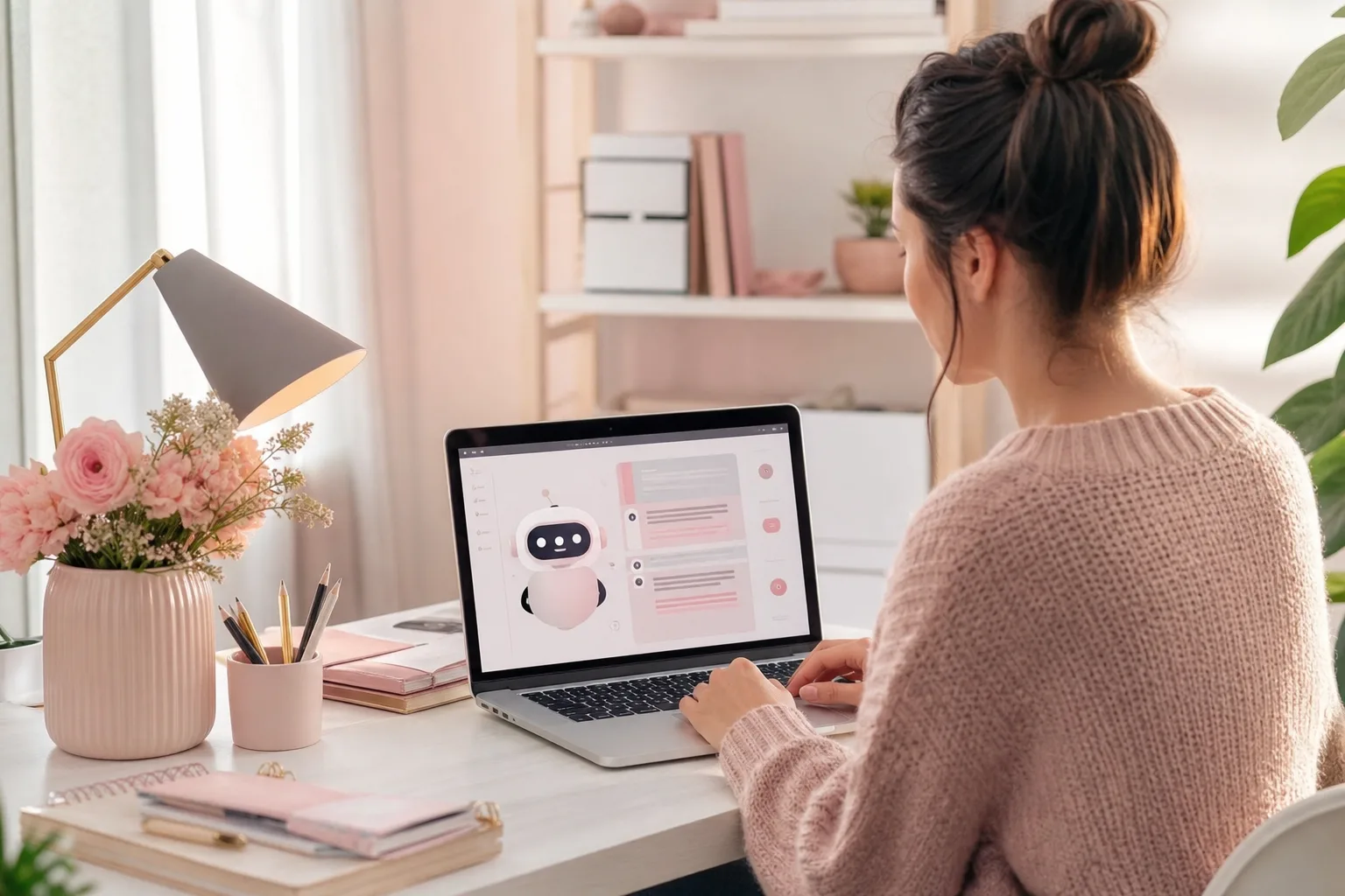 Femme consultant un tableau de bord de maintenance et de performance d’un chatbot IA sur son ordinateur portable.