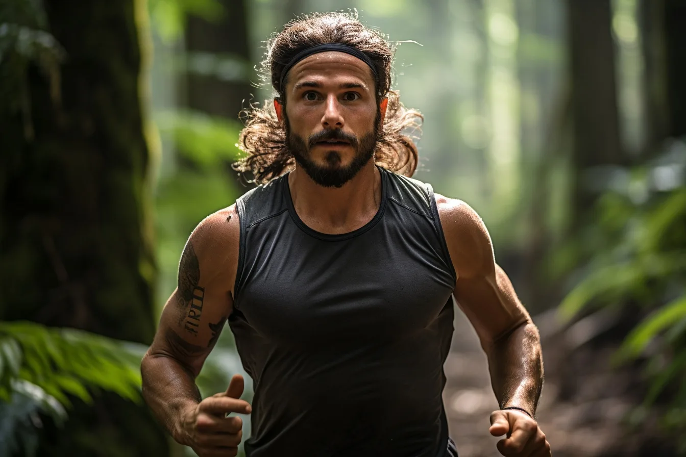 Coureuse en tenue de trail effectuant un jogging sur un sentier forestier bordé d’arbres.