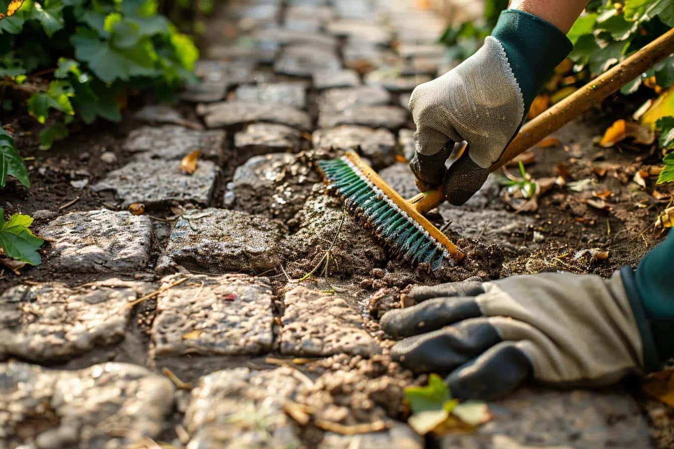 Nettoyage manuel des joints entre des pavés de terrasse avec une brosse métallique et un grattoir.