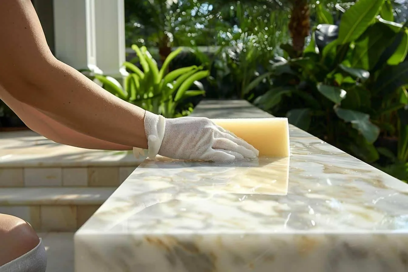 Terrasse en marbre clair nettoyée avec une brosse souple, un seau d’eau et un produit adapté à la pierre naturelle.