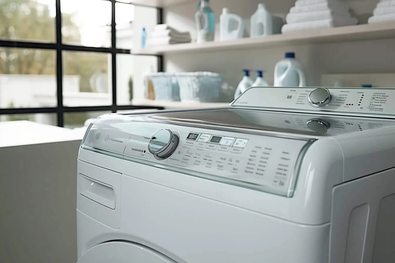 Nettoyage d’une machine à laver avec chiffon, bac à lessive retiré et produits d’entretien posés à côté.
