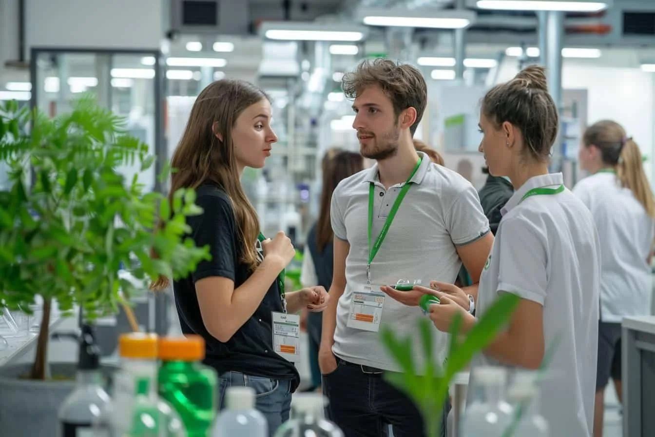 Équipe pluridisciplinaire réunie autour d’ordinateurs et de carnets lors d’un hackathon de biotechnologie.