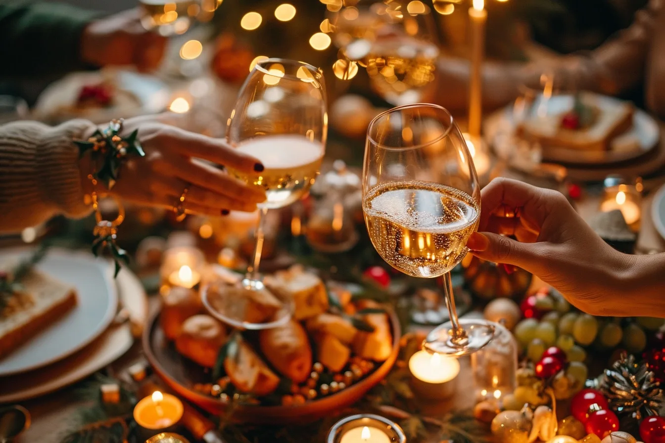 Table de réveillon élégamment décorée avec bougies, confettis, verres et petites bouchées festives.