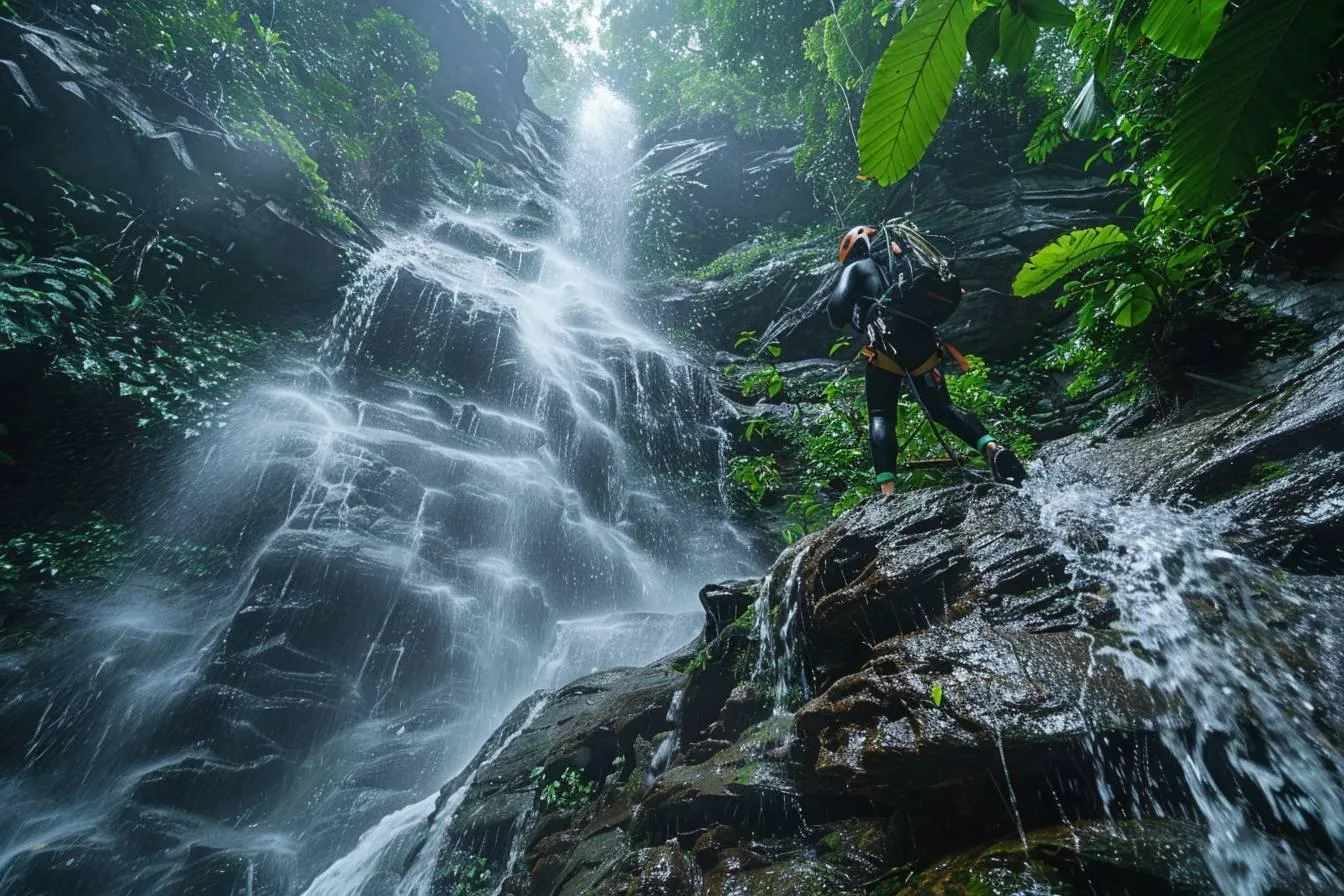 Pratiquante de canyoning casquée descendant en rappel le long d’une cascade dans un canyon rocheux.