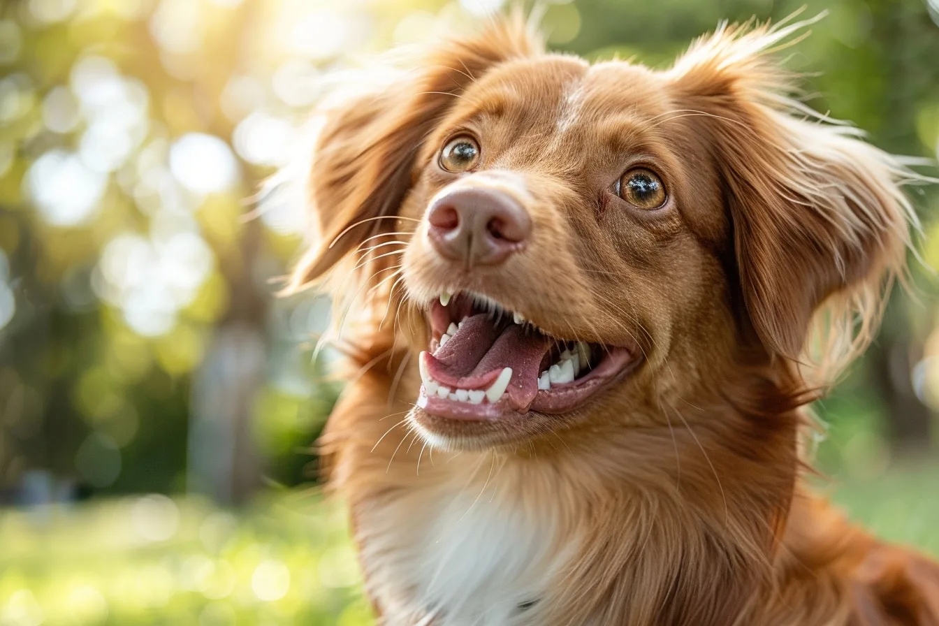 Une femme brosse délicatement les dents de son chien avec une brosse à dents souple et un dentifrice vétérinaire.