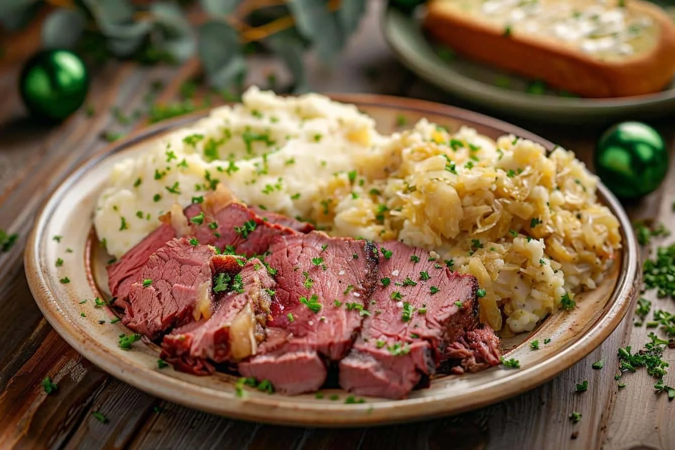 Table de Saint-Patrick conviviale avec tourte irlandaise, colcannon, pain au soda et décorations vertes élégantes.