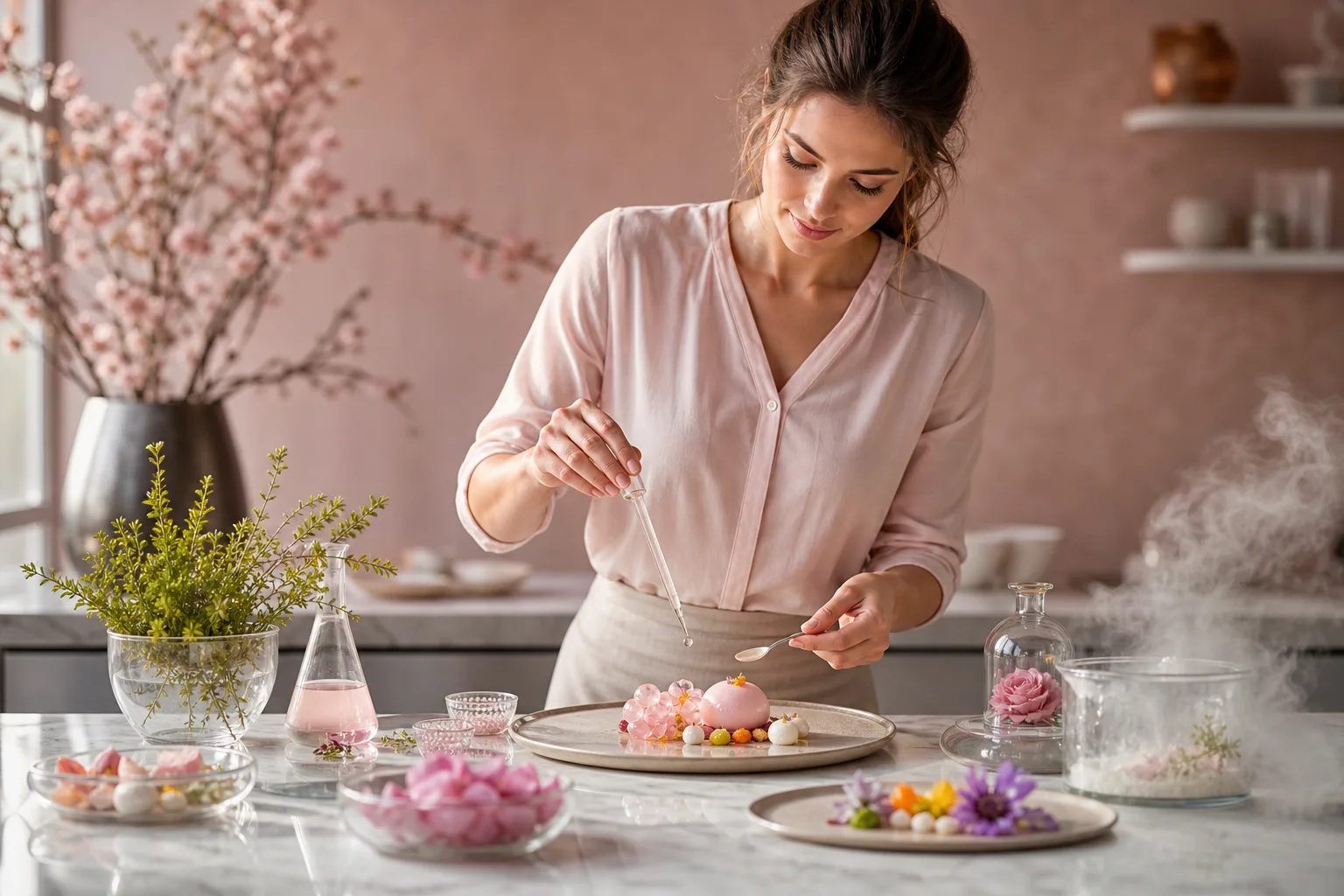 Assiettes d’un menu moléculaire raffiné avec perles colorées, écume légère et gel fruité, dressées sur une table de réception.