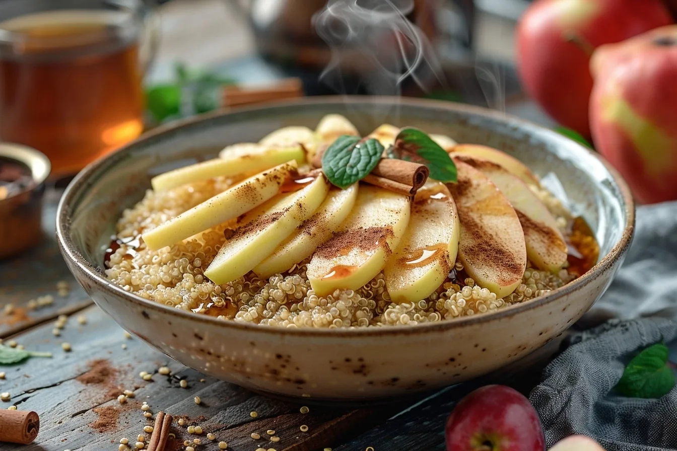 Bol de porridge végétalien crémeux au quinoa, garni de dés de pomme, cannelle, graines et purée d’amande.