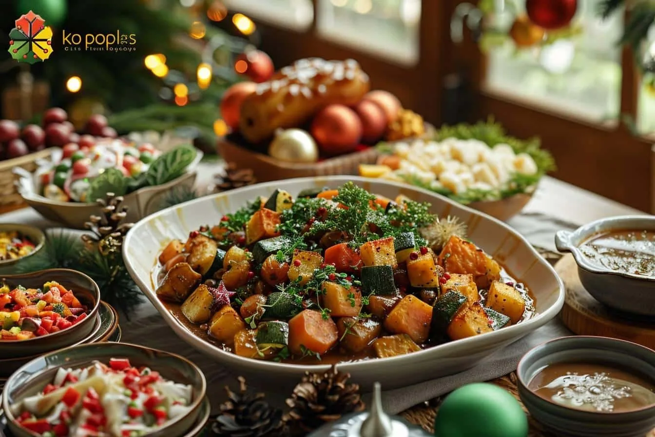 Table de Noël élégante avec rôti végétal feuilleté, légumes rôtis, bougies et décoration festive naturelle.