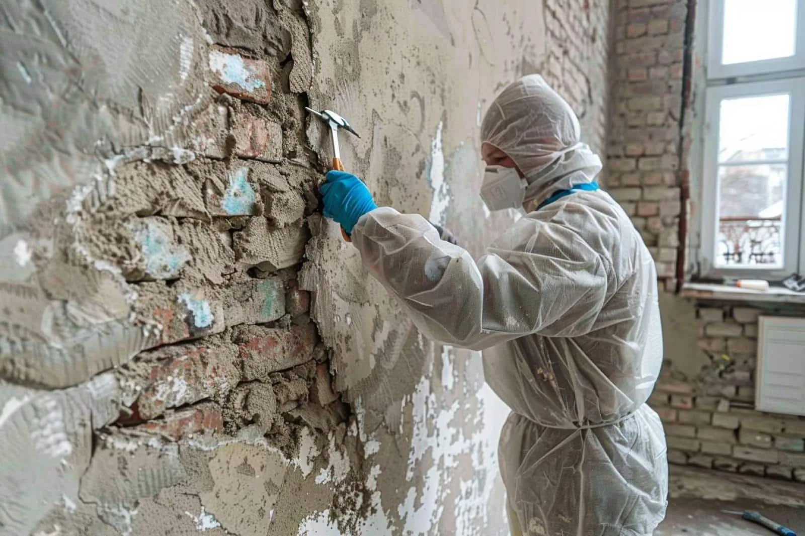 Mur intérieur présentant des traces d’humidité près d’une jonction avec un mur mitoyen