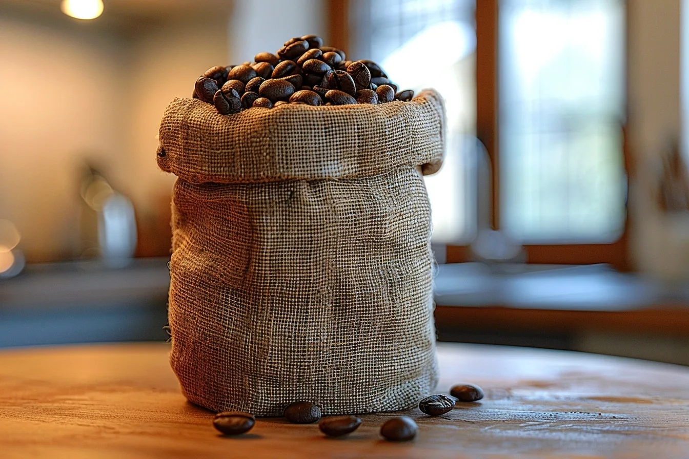 Sac de café en grain, tasse d’espresso et étiquettes de prix promotionnels sur une table de cuisine.