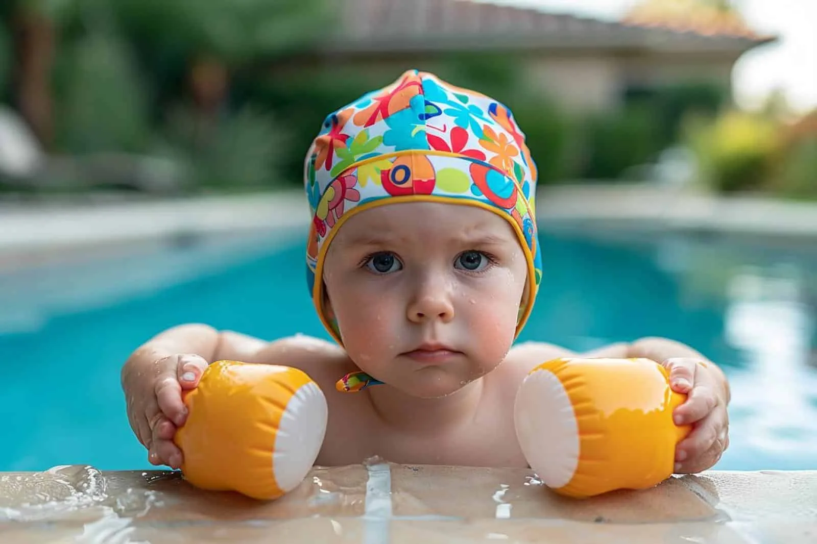 Un parent rassure doucement son jeune enfant assis au bord d’une piscine, les pieds dans l’eau.