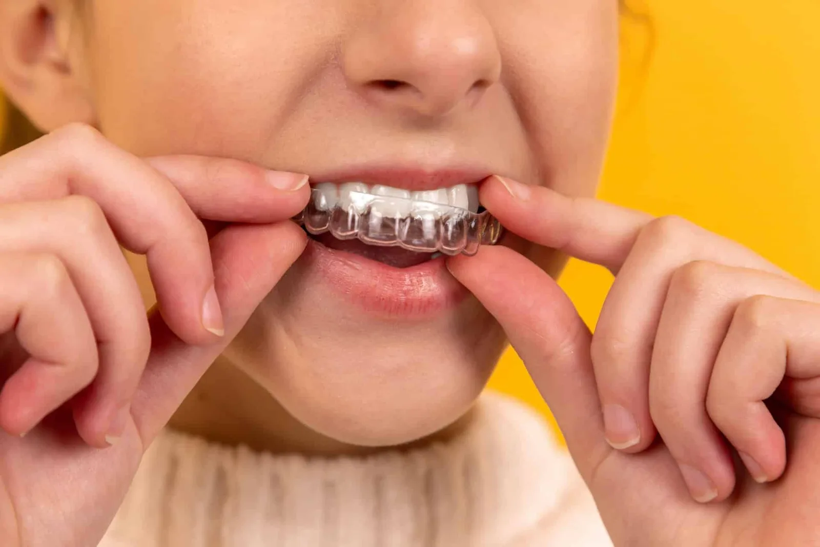 Bridge dentaire déposé dans une petite boîte propre avant un rendez-vous chez le dentiste.