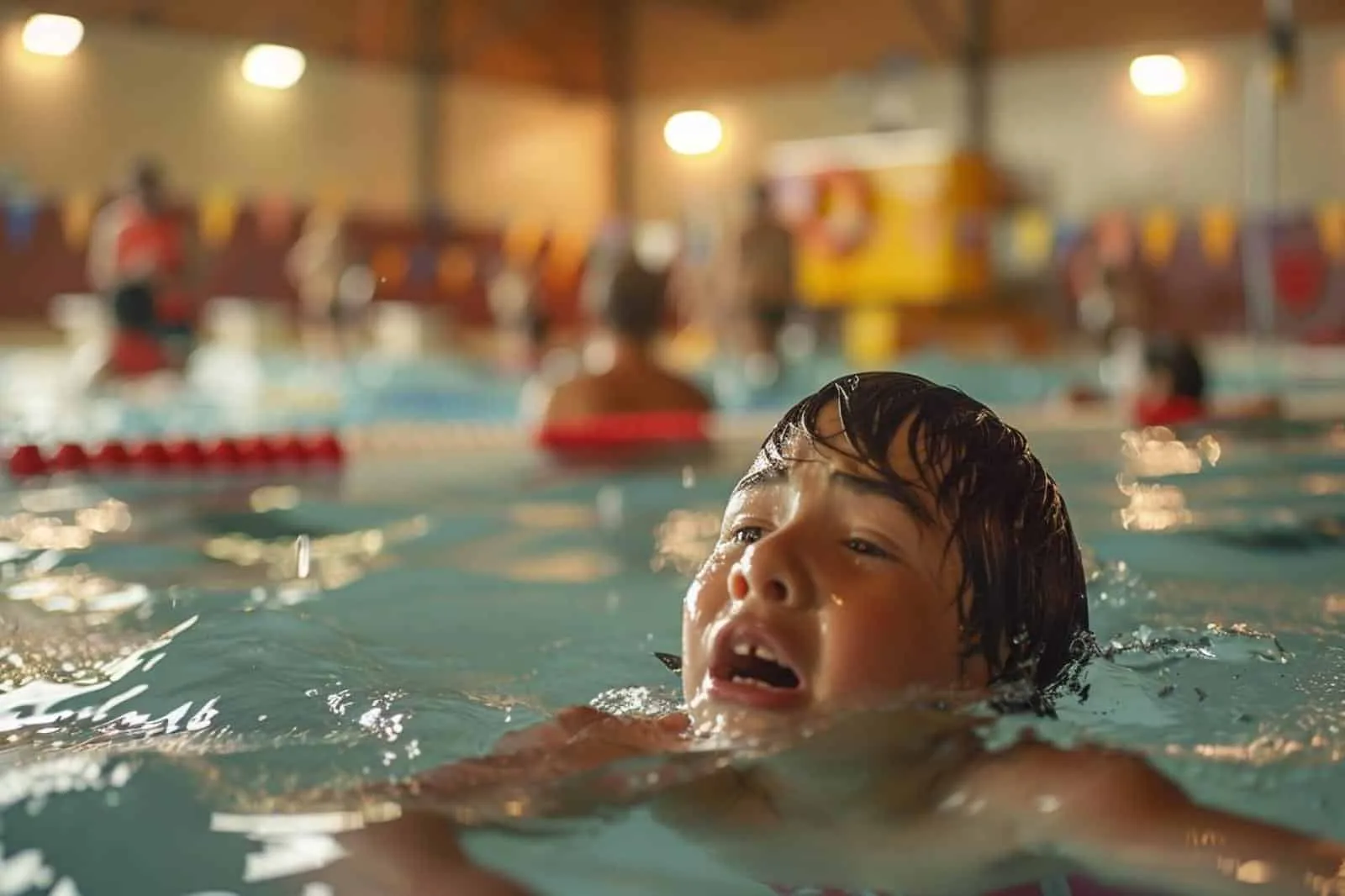 Un enfant rassuré au bord d’une piscine échange avec son parent et son moniteur de natation.