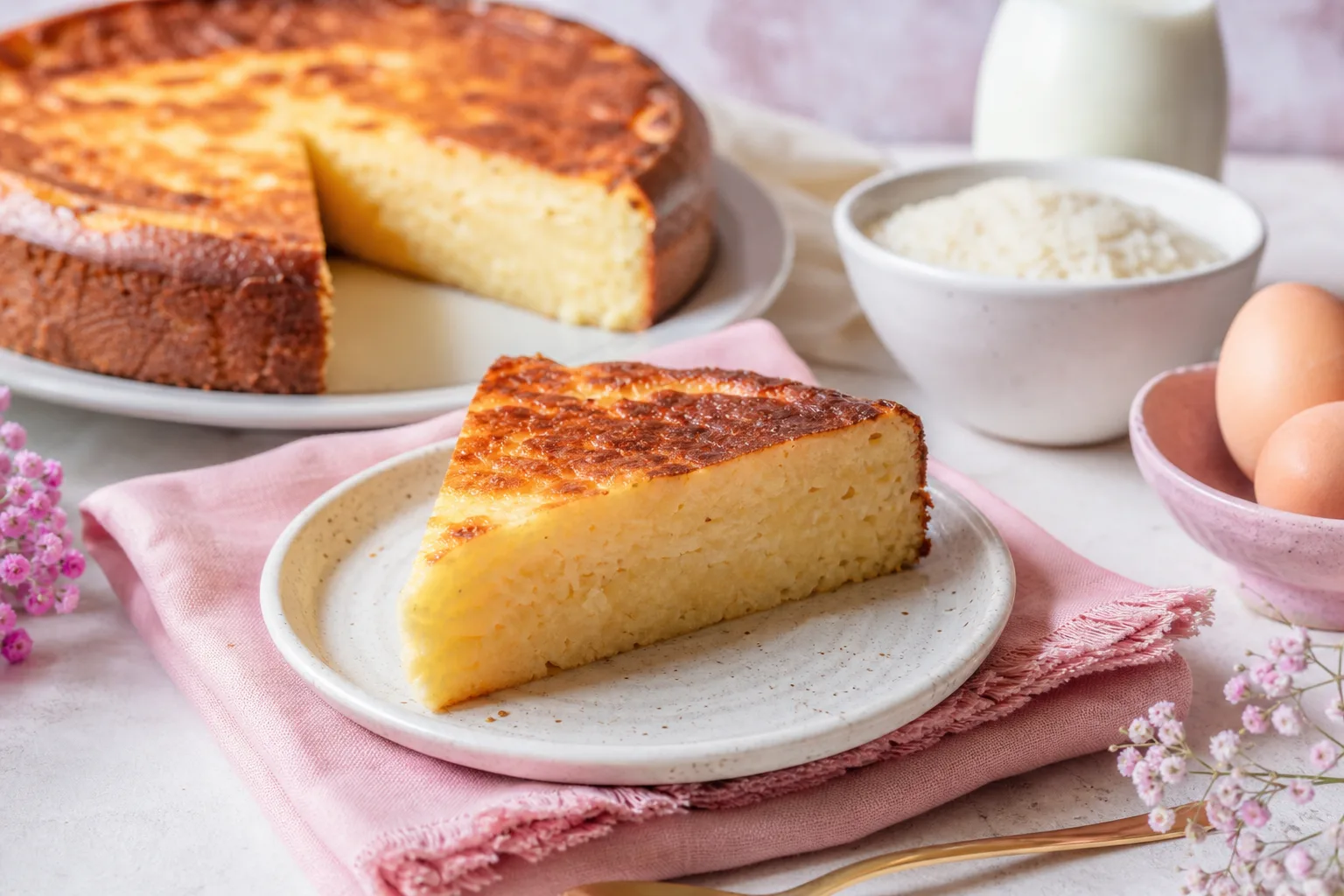 Part de gâteau de riz doré nappée de caramel, servie sur une assiette avec quelques raisins secs.