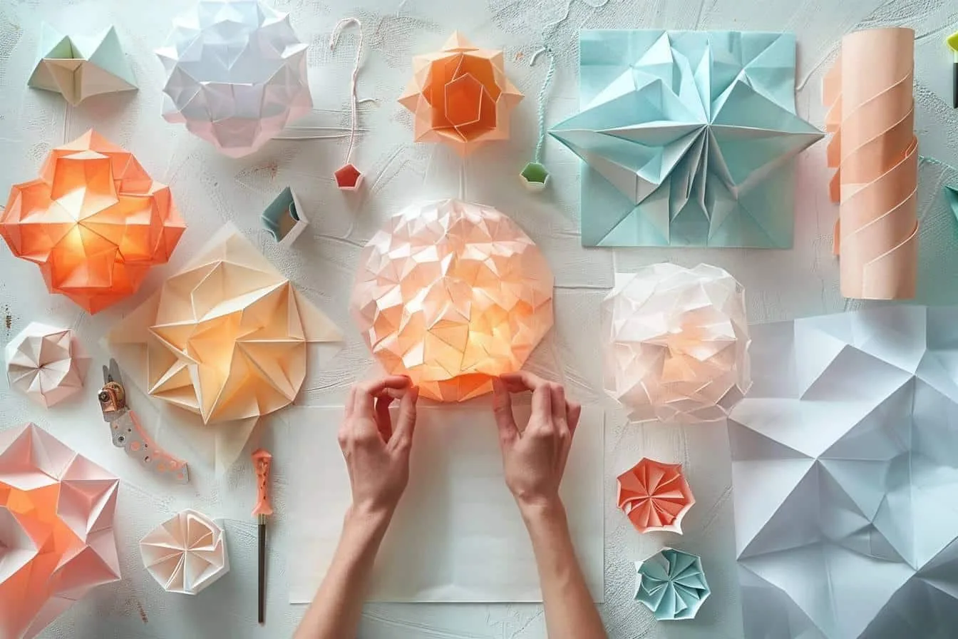 Applique murale design en papier origami blanc à plis géométriques, éclairée par une lumière LED chaude sur un mur clair.