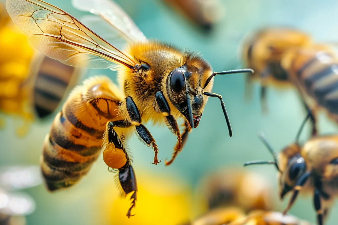 Reine des abeilles plus longue que les ouvrières, repérable au centre d’un cadre de ruche couvert d’abeilles.