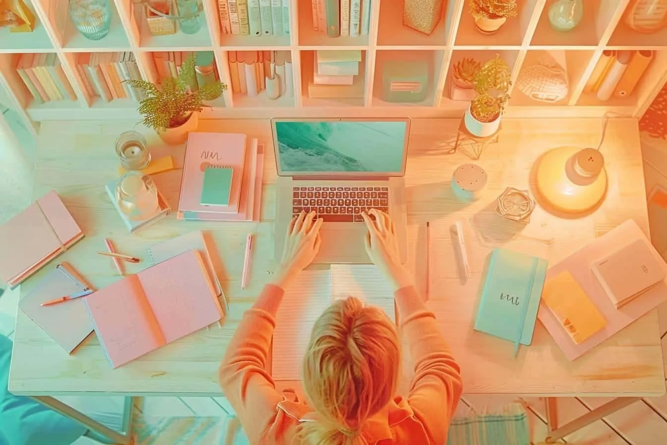 Autrice préparant le plan détaillé d’un livre pratique de développement personnel sur un bureau lumineux.