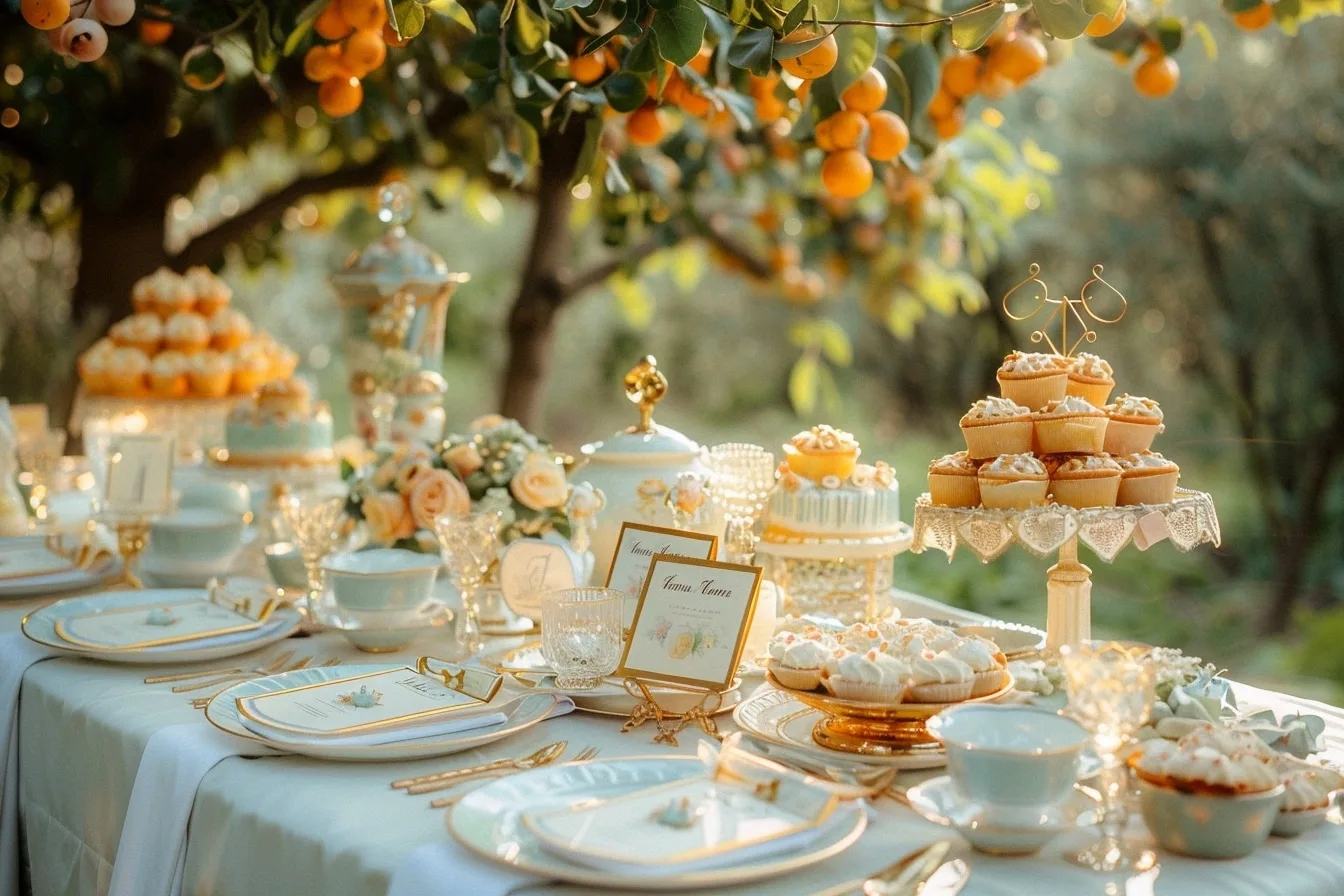 Table de fête élégante avec cartes de remerciement manuscrites, fleurs séchées et petits cadeaux personnalisés pour les invités.