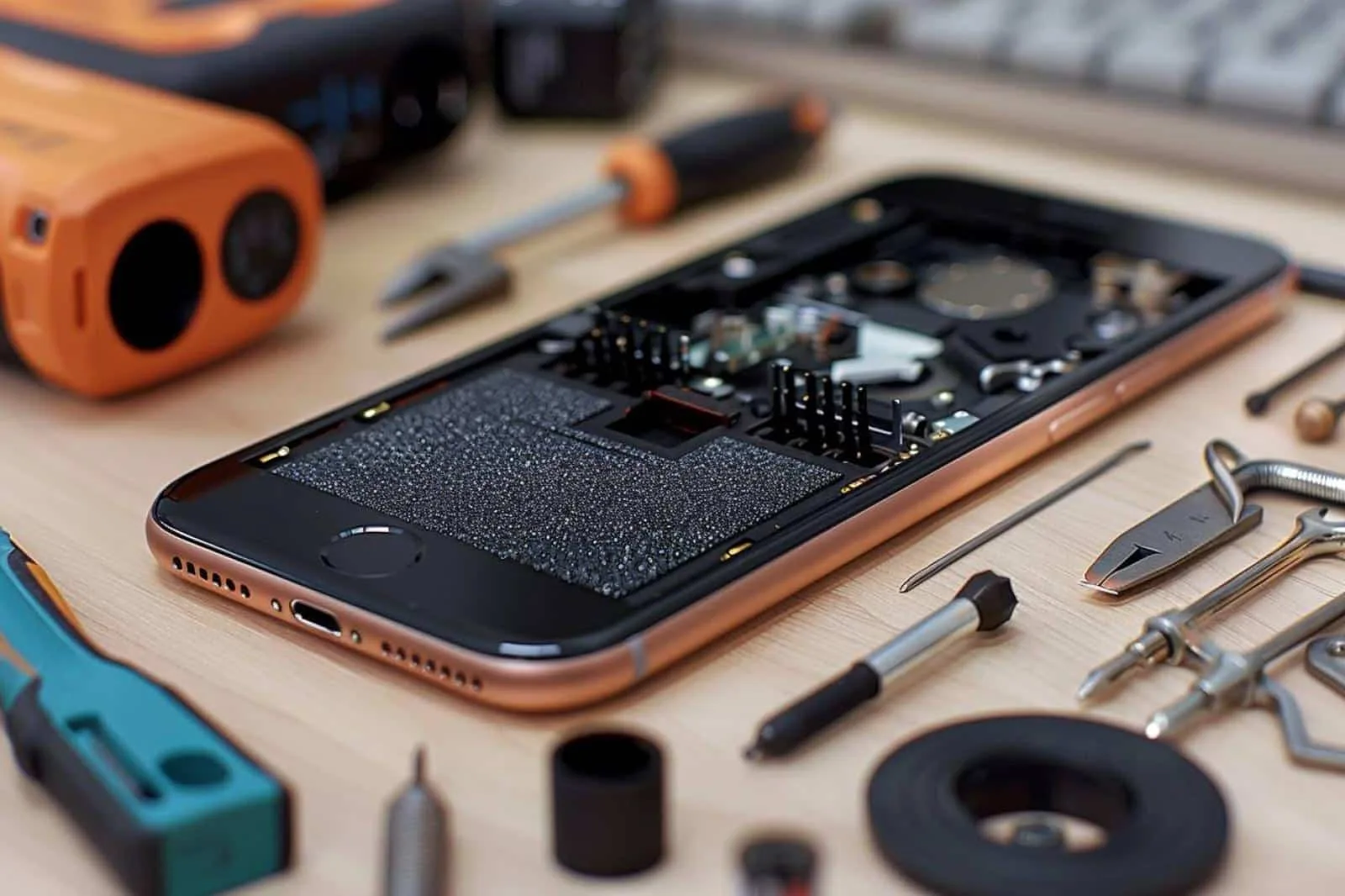 Réparation d’un iPhone ouvert avec outils de précision et module de haut-parleur posé à côté.