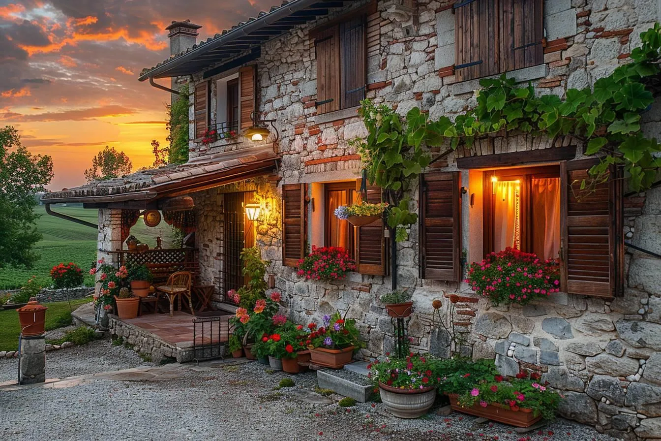 Ancien corps de ferme rénové en chambres d’hôtes de charme, avec façade en pierre, volets en bois et jardin fleuri.