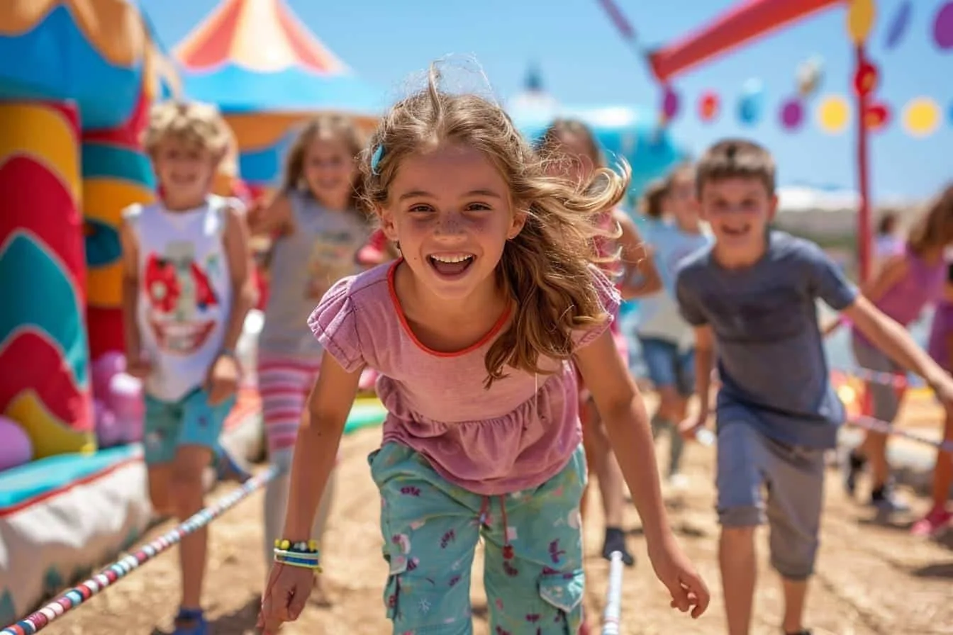 Enfants participant à un atelier de cirque avec foulards, cerceaux et matériel d’équilibre encadré.