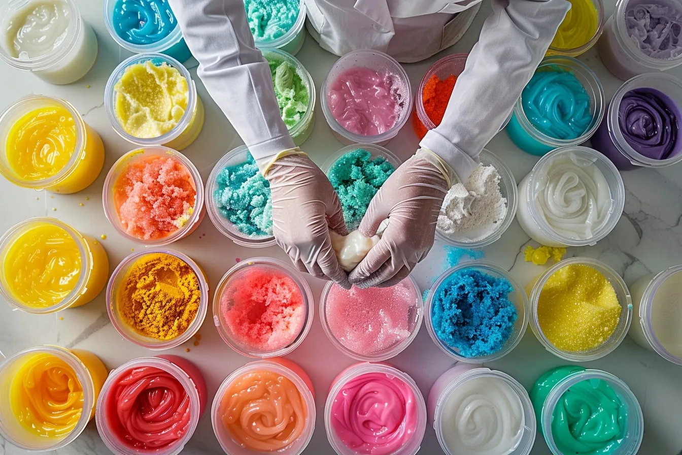 Préparation d’un slime coloré dans un bol, avec colle blanche, spatule, paillettes et petits pots hermétiques.