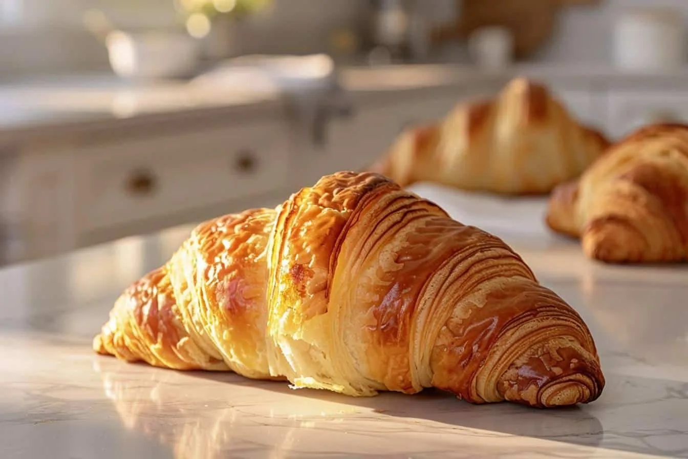Plaque de croissants congelés dorés et feuilletés à la sortie du four, posée sur une grille de refroidissement.