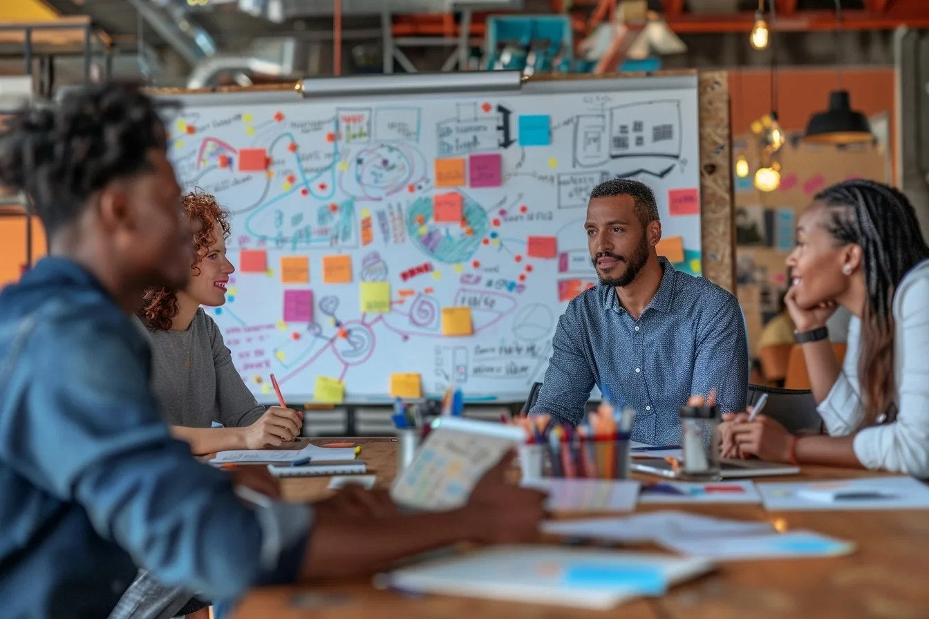Participantes échangeant autour d’un tableau blanc lors d’un workshop sur l’entrepreneuriat.