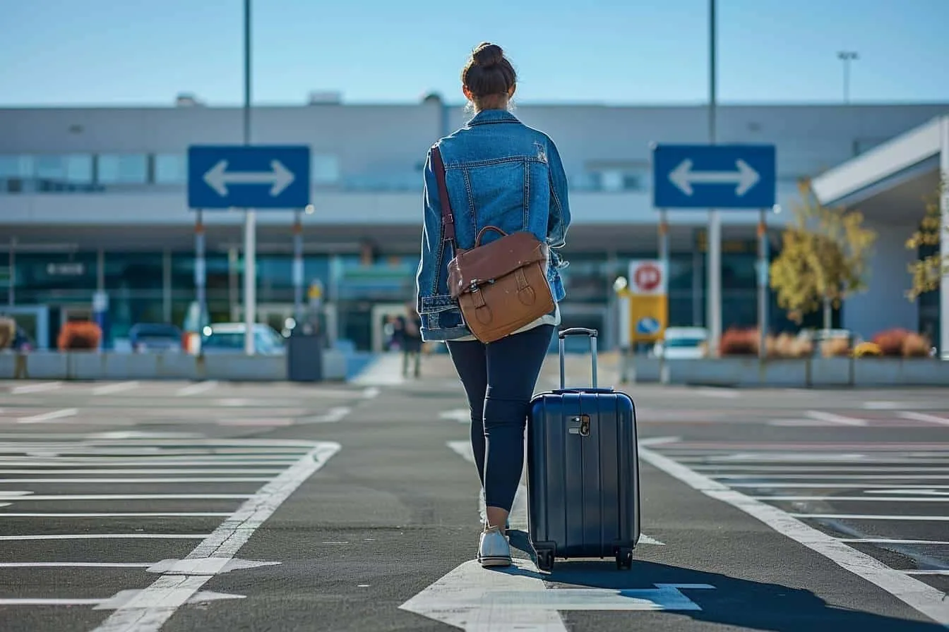 Voyageuse avec valise à roulettes se dirigeant du parking vers le terminal d’un aéroport.