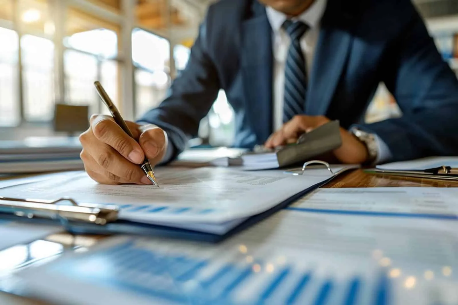 Entrepreneuse relisant son contrat d’assurance responsabilité civile professionnelle sur un ordinateur, avec ses documents de gestion.