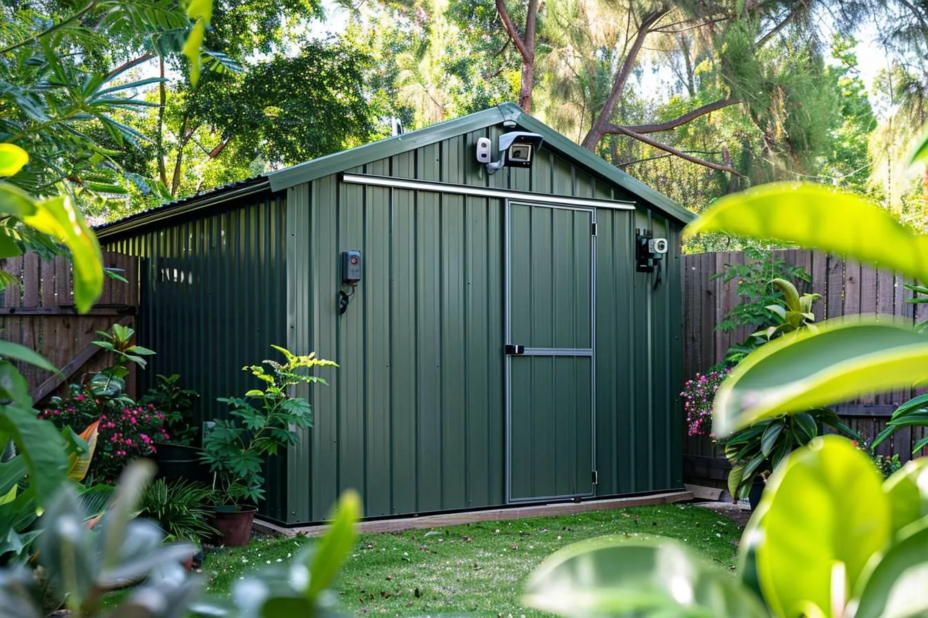 Abri de jardin en bois sécurisé par une porte renforcée, un cadenas protégé et un éclairage extérieur.