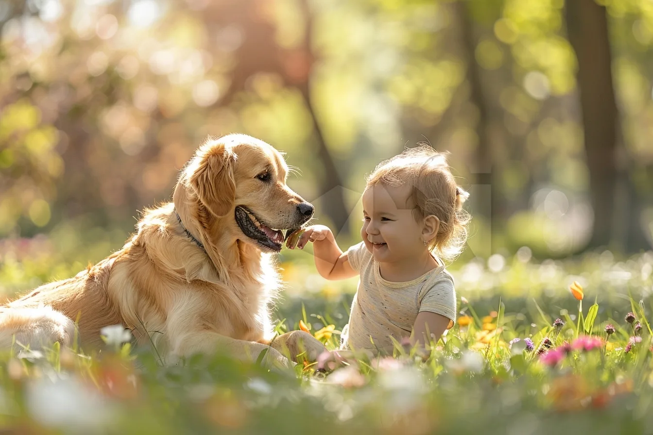 Un enfant assis calmement près d’un chien détendu dans un salon, sous la surveillance attentive d’un adulte.