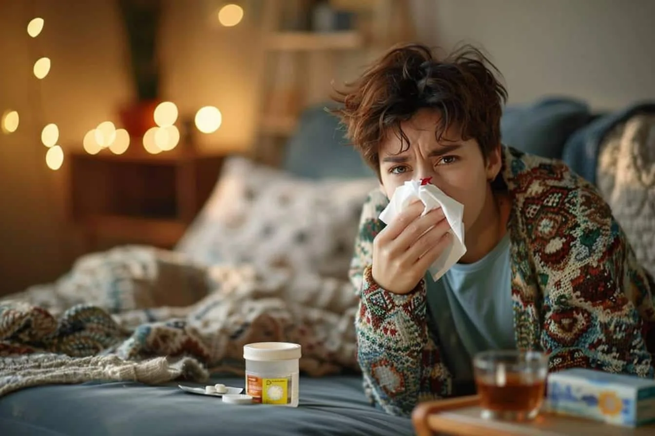 Femme emmitouflée sur un canapé avec une tisane, un mouchoir et du sérum physiologique pour soulager un rhume.