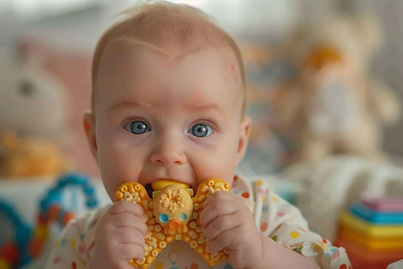 Parent massant délicatement les gencives d’un bébé souriant avec un doigt propre.