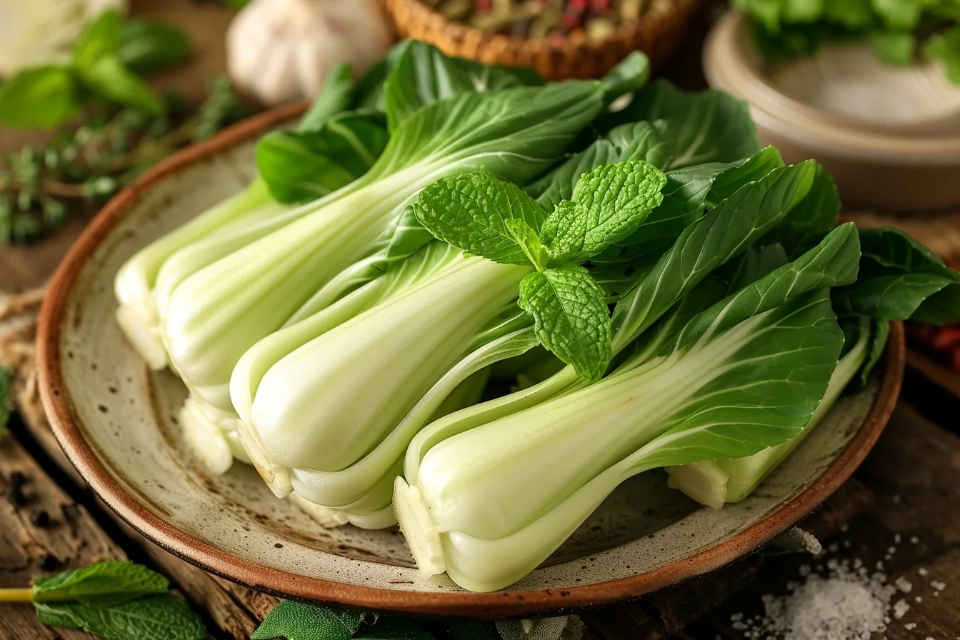 Pak choi poêlé garni de feuilles de menthe fraîche, de citron vert et de graines de sésame dans un plat clair.