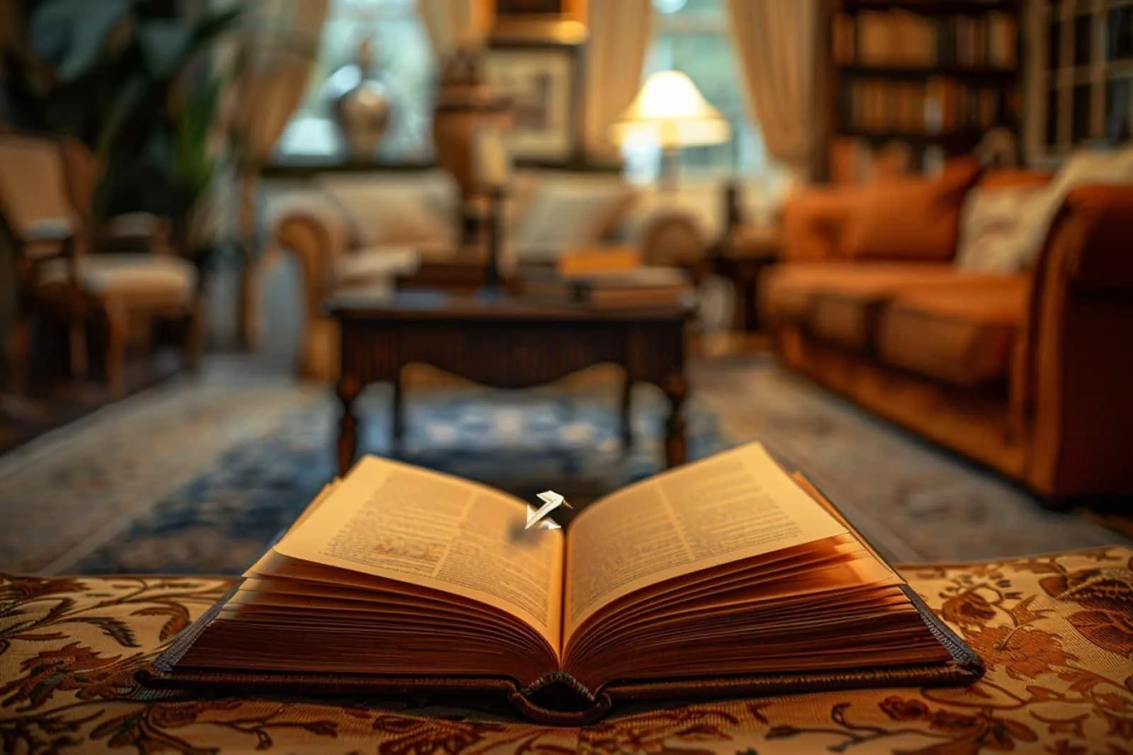 Livre de décoration posé sur une table basse dans un salon lumineux préparé pour la vente d'une maison.